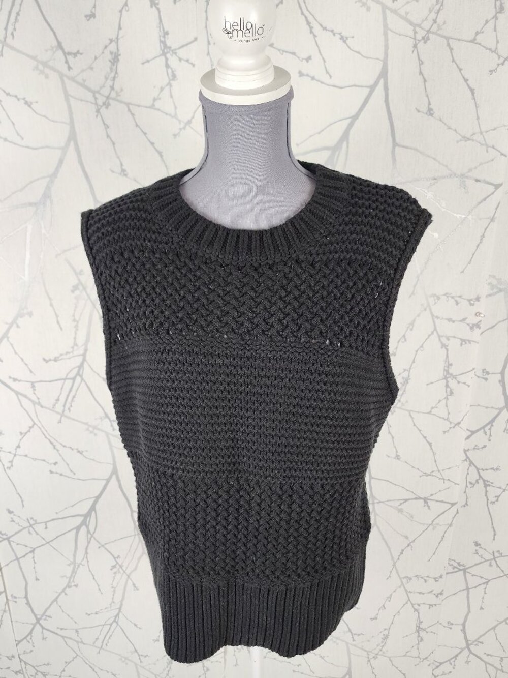 Poetry Black Cotton Blend Chunky Knit Crewneck Sweater Vest